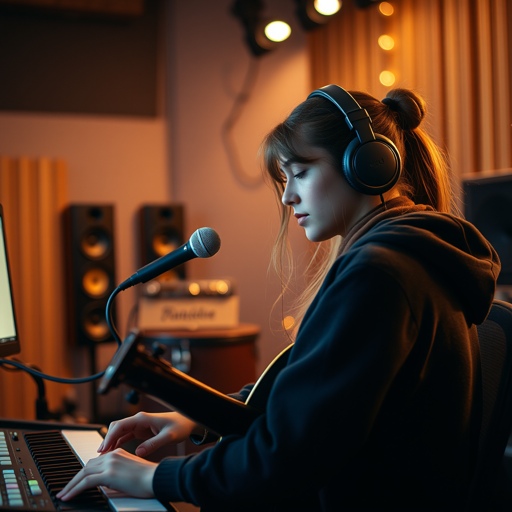 A young woman with headphones plays a keyboard while sitting in a music studio, with a microphone in front of her and acoustic panels in the background.